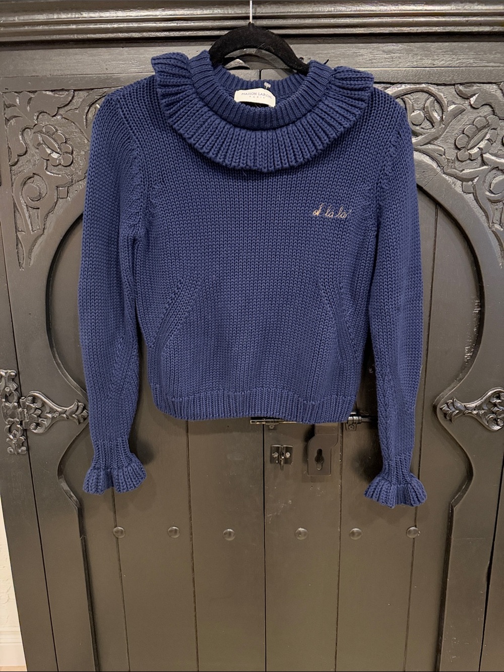 Maison Labiche Navy Ruffled Cowl-Neck Sweater